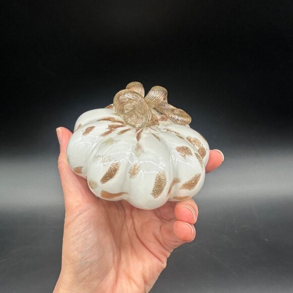 Hand Blown Glass Pumpkin Figurine Gold White Small Autumn Fall Decor Elegant - Picture 8 of 9